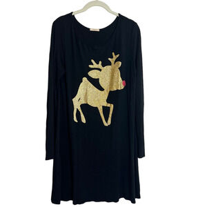 12PM by Mon Ami Womens Knit Tunic Dress Large Black Gold Rudolph Red Nose